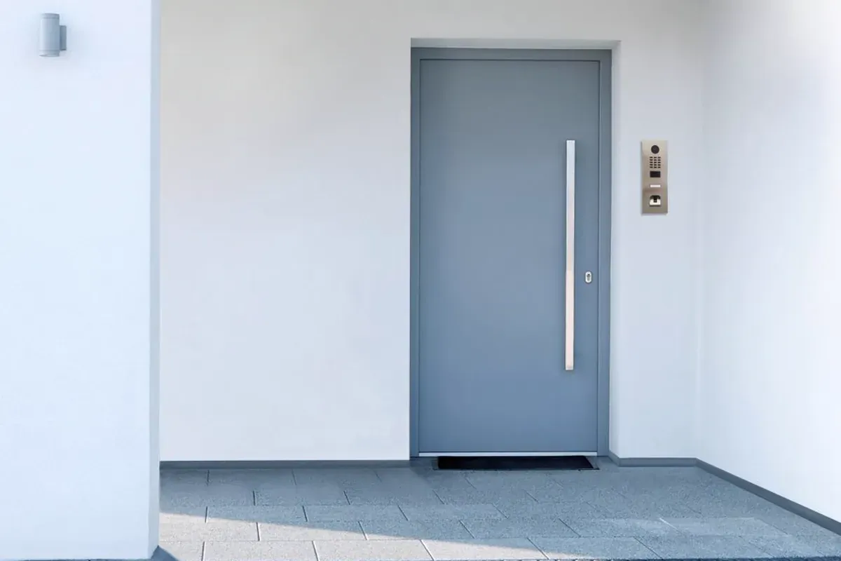 DoorBird IP video intercom panel mounted at an entrance
